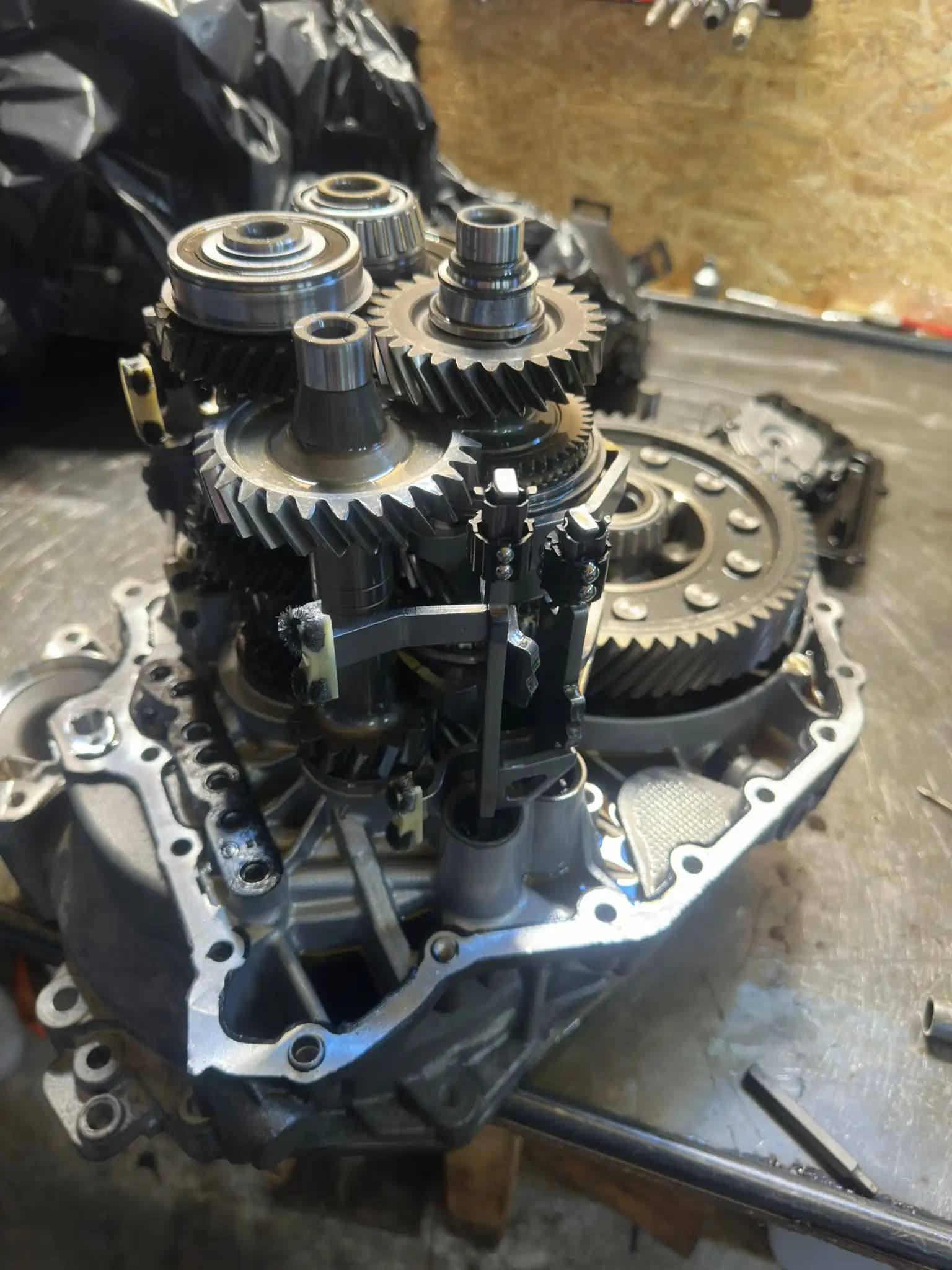 Rozebrana skrzynia DQ250 DSG – widok pionowy na wałki i koła zębate